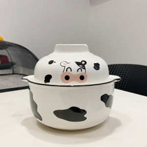 INS Cute Cow Japanese Ceramic Instant Noodle Bowl Eating Bowl Cartoon Girlish Student for One Person Soup Bowl with Lid