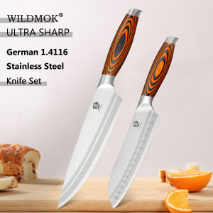 WILDMOK 2Pcs Kitchen Knife Set 8"Chef Knife & 7"Santoku Knife Stainless Core Steel with Pakkawood Handle Cooking Knives