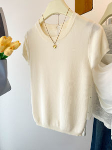 เสื้อผ้าผู้หญิงระดับไฮเอนด์สีเขียวสี่ฤดูหางโจวเสื้อถักแขนสั้นฉลุลายด้านหลังแถวที่13ในกวางโจวเสื้อสีฟ้าอ่อนสำหรับฤดูร้อน