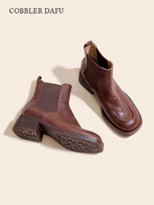 Genuine Leather Chelsea Boots Womens round Toe Short Boots Brown Retro Commute Medium Heel Martin Boots And Bare Boots