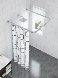 Bathroom Shower Curtain Set Waterproof C-Shaped Ring Bath Room Partition Curved Arc Shape Drapery No-Punching Needed