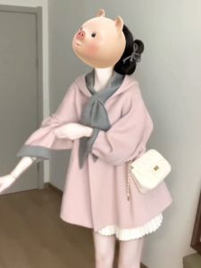 CHANGTONG | เสื้อโค้ตวูลสองด้านสำหรับสตรีไซส์เล็ก พร้อมหมวกคลุม