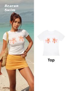 Beach Print Short Sleeve T-shirt Female Round Neck Fitted