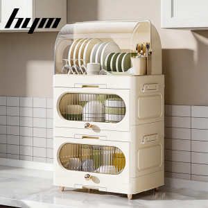 HYM 2/3 Layer Foldable Dish Drainer with Cover Plastic Kitchen Drying Rack Plate Storage Cabinet Space-Saving Organizer