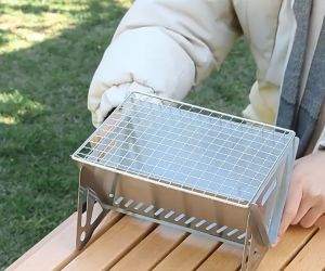 Bếp nướng than hoa xếp gọn bằng inox 430 chuyên cho cắm trại picnic rất tiện loại lơn 28x18cm