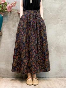 High Waist Floral Cotton Lin Skirt Womens Spring Summer Autumn New Style A-Line Midi Skirt Polyester Fiber Gored Skirt