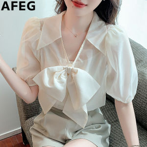 AFEG solid color new Korean version V-neck bow fashion loose all match bubble short-sleeved blouse