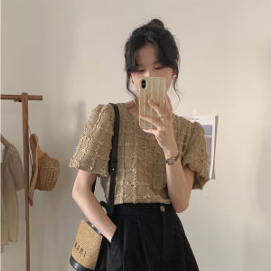 Retro Chic Short Sleeve Round Neck Bubble Sleeved Lace Shirt Upstairs Womens Clothing Loose Fit Snowflake Shirt