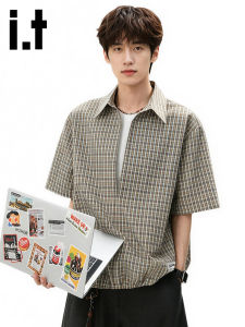 izzue | Pseudo Two-Piece Check Shirt Short Sleeve Thin Loose Collar
