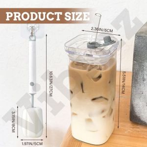 XMSJ | Portable Drinking Coffee Cup Glass 12oz/350ml Glass Cups for the Go Glass Cups Lids/Straws Included Collector For Home School