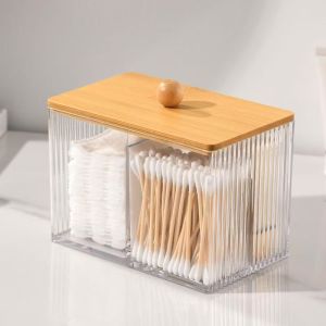 Acrylic Cotton Swab Holder Cotton Swab Dispenser with Bamboo Lids Otton Ball Pad Round Swab Holder Clear Apothecary Canister Jar