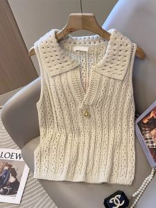 High-End Hollow out Polo Neck Knitted Vest Womens Summer Unique Small Size Sleeveless Top Euro Style Grey Color Commute Style