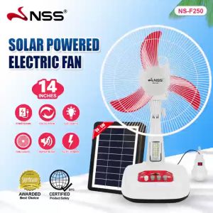 Nss 14 inch Electric fan solar electric fan stand fan 3-speed wind adjustment 3 blade design sale promo portable rechargeable wide-angle shaking head blower energy saving and high-efficiency long life stronger wind fan with LED light bulb and solar panel
