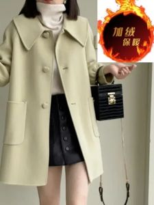 Sweet Style Doll Collar Woolen Coat Womens Mid-Length Fleece Lined Inner Heart Button Autumn Winter New Arrival