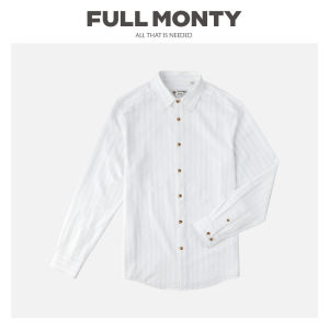 White Seersucker Long Sleeve Point Collar Vintage Style Striped Casual Mens Shirt