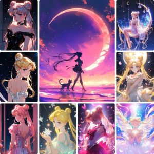 DIY Sailor Moon Diamond Painting Blonde Bun Girl Star Moon Anime Modern Wall Decoration for Living Room Bedroom