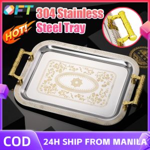 304 Stainless Steel Serving Tray Food Storage Serving Trays With Handles Metal Dinnerware Plate Sausage Noodles Fruits Tray Rectangular Food Tray Coffee Bar Holder Large Serving Platter Set For Party Kitchen Tableware Wedding Christmas