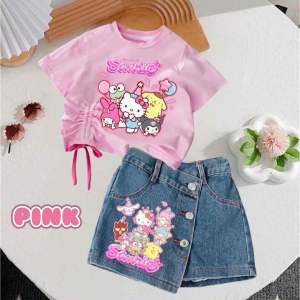 ชุดคิตตี้สีชมพูกระโปรงกางเกงยีนส์น่ารัก