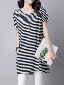 Loose Striped Short Sleeve T-Shirt Womens plus Size Korean Style Summer Top Belly Covering Comfortable Cotton Blend Dress