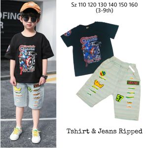 SETELAN ANAK LAKI KOREAN STYLE TSHIRT SHORT PANT JEANS RIPPED CAPTAIN AMERICA