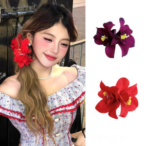Side Hairpin Red Bauhinia Flower Straight Clip Seaside Holiday Essential Sweet Duckbill Clip Female Double Flower Hairpin