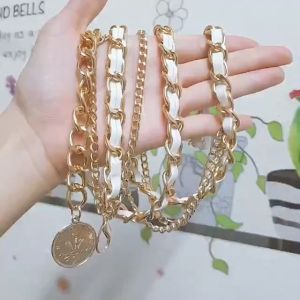 Thắt lưng xích dây da 3 tầng gắn đồng xu đai váy xích kim loại dây da cổ điển