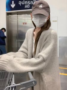 เสื้อคาร์ดิแกนถักนิตติ้งสไตล์เกาหลี ทรงหลวม แขนยาว ปกโปโล สำหรับผู้หญิง ฤดูใบไม้ร่วง 2024 ผ้าขนสัตว์ผสม