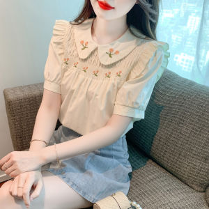 Yige thiết kế cảm giác thêu hàng đầu phụ nữ 2023 cộc tay Mới Mùa Hè Búp Bê Cổ Áo polo sơ mi nữ thời trang và tính khí đi lại phiên bản Hàn Quốc Áo sơ mi