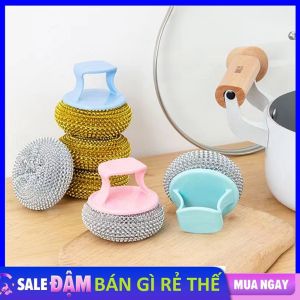 Cọ chà xoong có tay cầm ngắn sạch sẽ tiện lợi - miếng bùi nhùi chùi nồi loại lớn dày - Cước chà xoong nồi chảo cao cấp