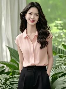 XIAOMENG | Áo Blouse Cotton Linen Thoáng Khí Tay Flare Hồng