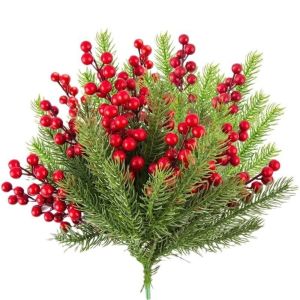 10Pcs Red Cherry Artificial Pine Branches Holly Berries Christmas Decoration Home Room Decor Wedding Decor New Year Wreath Gift