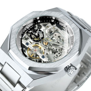 Forsining | Forsining Silver Automatic Watch Men 3D Diamond Dial Irregular Tourbillon Skeleton Mechanical Wristwatches Luminous Hands Clock