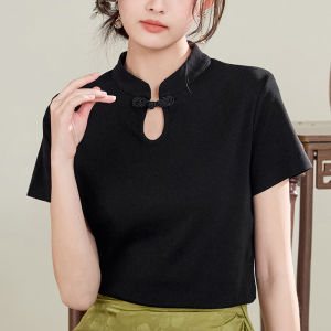 Stand Collar Buckle T-Shirt Womens Short Sleeve Summer New Arrival National Trendy Style Chinese Improved Cheongsam Outwear Pure Cotton Elegant Tops