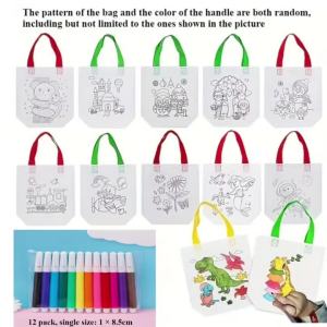 24pcs(12 bags+12 markers) DIY Graffiti Pack with Colored Markers Reusable Animal Art Party Gift BagsStorage Accessories