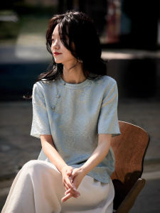 Silk and Rayon Jacquard Short Sleeve Top 22mum