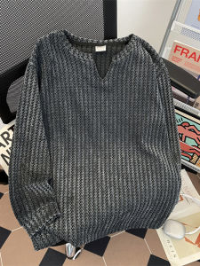 เสื้อยืดคอกว้างแขนยาวหลวมๆ สำหรับผู้ชาย สไตล์อเมริกัน ลายกระดูกปลา สีบล็อก เสื้อเชิ้ตคอกลม ผ้าฝ้าย ระบายอากาศได้ดี ทรงหลวม