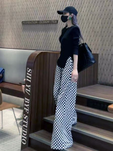 Chessboard Plaid Pants Loose Pants Straight Womens Pants High Waist Loose Drooping Black and White Gingham Casual Long Mop Trousers