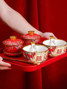 Wedding Ceremony Tea Serving Cup Set Red Double Happiness Bowl Pair Bridal Gifts Complete Ceramic Tableware for Weddings