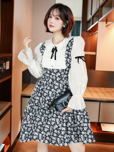 MIUCO Doll Collar Butterfly Knot Shirt Patchwork Embroidery Umbrella Swing Fake Two-Piece Dress OL Style High Waist Bell Sleeve Midi Skirt