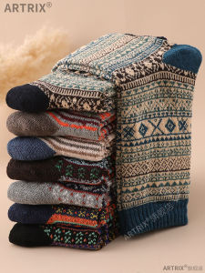 ผู้ชาย ฤดูหนาว หนาขึ้น ผ้าขนแกะ ถุงเท้ายาวมีซับในลายย้อนยุค อุ่น ถุงน่อง Home Comfort Totem สไตล์ญี่ปุ่น ดีไซน์