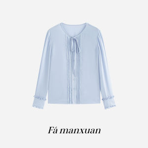 FAMANXUAN | French Style Blue Long Sleeve Petite Lace Work Blouse