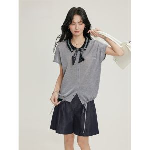 Chang Dou Dou Silk Scarf Polo Neck Knitted Short Sleeve Summer Thin Design Sense Ice Silk Womens Top Drawstring Hem