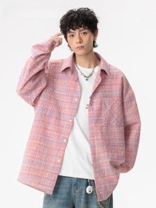 HetingHOME | Áo sơ mi dài tay rộng rãi màu hồng đại dương mùa thu cho cặp đôi nam không giới tính áo sơ mi nam vải polyester cotton