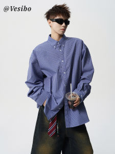 Premium Blue Plaid Long Sleeve Shirt Mens Casual Loose Fit Collared American Lazy Style Trendy Brand Leisure Loose Top