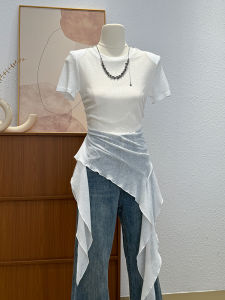 Unique Short Sleeve T-Shirt Womens Summer Slim Fit Korean Style Regular Thickness round Neck Unique Design Not Repeating