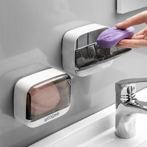 Bathroom Soap Holder Wall Mounted Without Drilling Flip Lid Drain Soap Dish Box Waterproof Bathroom Sponge Organizer