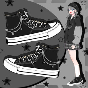 Amy and McMak Original Star Pattern Canvas Shoes for Women High Top Casual Style Black Color Versatile Couple Shoes