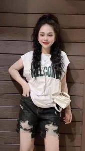 Áo thun nữ cotton Thái kiểu tay hến in chữ WELCOME đủ màu có form rộng