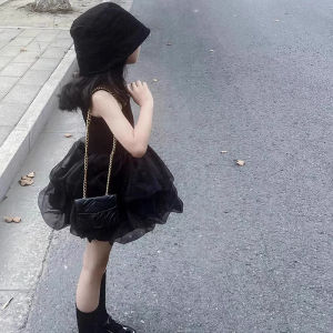 Stylish Black Princess Dress Girls Childrens Summer Fashionable Dress Baby Girls Small Black Dress Corded Halter Neck Gown