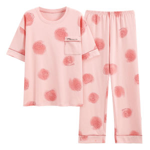 Yuzhao Lin Womens Summer Sleepwear Set Pure Cotton Thin Short Sleeve Long Pants Home Clothes Sweet Cute Style round Neck